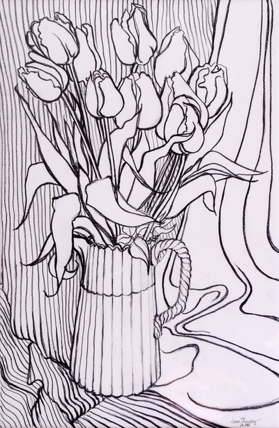 Tulipaner mot en stripete klut,2000,grafitt av Joan Thewsey