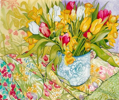 Tulipaner og påskeliljer med mønstrede tekstiler, 2000, (vannfarge) av Joan Thewsey