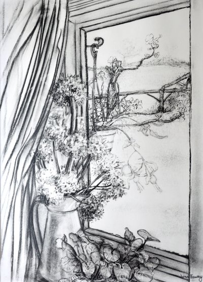 Utsikt gjennom hyttevinduet, 1970 (kull) av Joan Thewsey