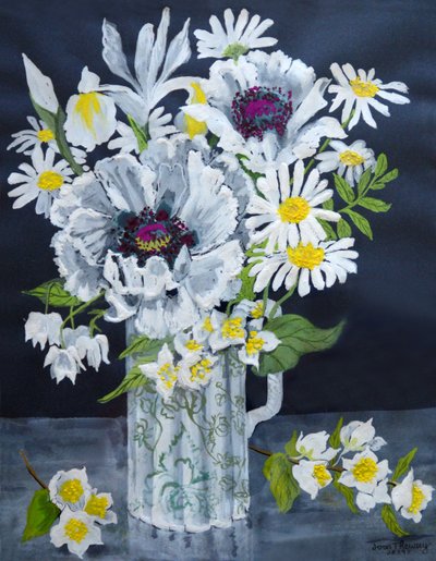 Hvite valmuer, Marguerites og Philadelphus, (gouache) av Joan Thewsey