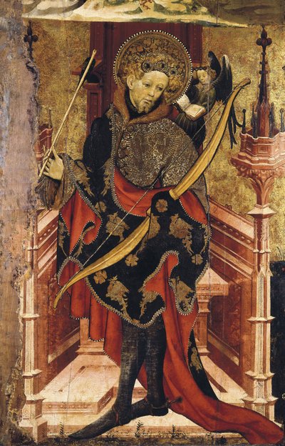 Den hellige Sebastian og korsfestelsen. ca. 1417-25 (tempera på tre) av Joan or Juan Mates