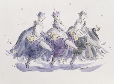 Three Kings Dancing a Jig (penn og blekk og wc på papir) av Joanna Logan