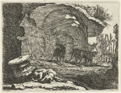 Fire hunder ved en ruin Hunder (serietittel) av Joannes Fijt