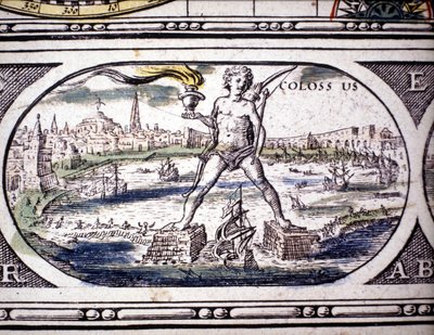 Representasjon av antikkens syv underverker: Kolossen på Rhodos. i Atlas of Jansson Jannsonius trykt i Amsterdam i 1630. Privat samling. av Joannes Jansson