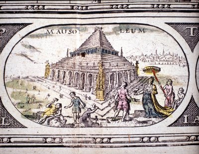 Representasjon av antikkens syv underverk: Mausoleet til Halikarnassus. i Atlas av Jansson Jannsonius trykt i Amsterdam i 1630. Privat samling. av Joannes Jansson