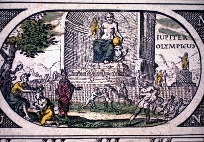 Representasjon av antikkens syv underverk: statuen av Jupiter (Zeus) av Phidias - i ""Atlasen"" av Jansson Jannsonius, trykt i Amsterdam i 1630 av Joannes Jansson