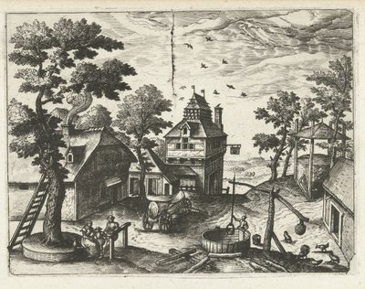 Vertshus med brønnlandskap, sjølandskap og fantasifulle bylandskap (serietittel) av Joannes van Doetechum (I) (attributed to)