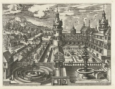Slott med labyrint og fontene Landskap, sjølandskap og fantasifulle bylandskap (serietittel) av Joannes van Doetechum (I) (attributed to)