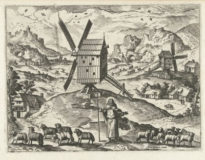Landskap med Kristus som god hyrde Landskap, sjølandskap og fantasifulle bylandskap (serietittel) av Joannes van Doetechum (I) (attributed to)