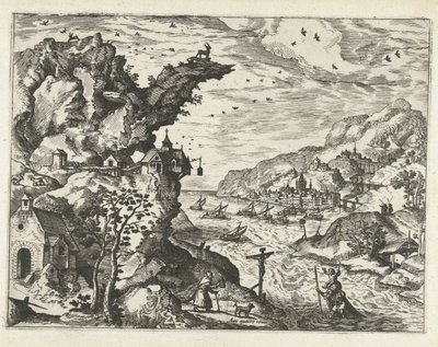 Landskap med Saint Christopher Landskap, sjølandskap og fantasifulle bylandskap (serietittel) av Joannes van Doetechum (I) (attributed to)