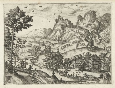 Landskap med falkejakt Landskap, sjølandskap og fantasifulle bylandskap (serietittel) av Joannes van Doetechum (I) (attributed to)