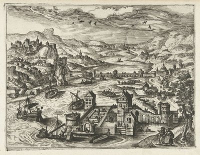 Elvelandskap med vollgrav Landskap, sjølandskap og fantasifulle bylandskap (serietittel) av Joannes van Doetechum (I) (attributed to)