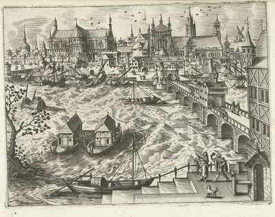 Bybilde med bro og havn Landskap, sjølandskap og fantasifulle bylandskap (serietittel) av Joannes van Doetechum (I) (attributed to)