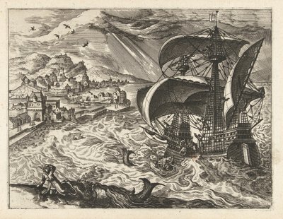 Seascape med Jonah and the Whale Landskap, sjølandskap og fantasifulle bylandskap (serietittel) av Joannes van Doetechum (I) (attributed to)