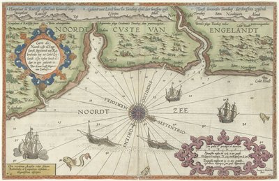 Kart over nordkysten av England ved Newcastle upon Tyne Caerte der Noordt custe van Englandt, med start fra Robinhodes baij til Cocket Eijlandt (...) (tittel på objekt) av Joannes van Doetechum (I)