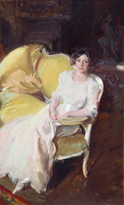 Clotilde sitter på en sofa, 1910. av Joaquín Sorolla