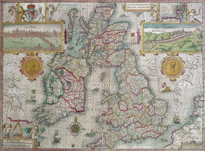 Kart over kongeriket Storbritannia og Irland, 1610 (håndfarget gravering) av Jodocus Hondius