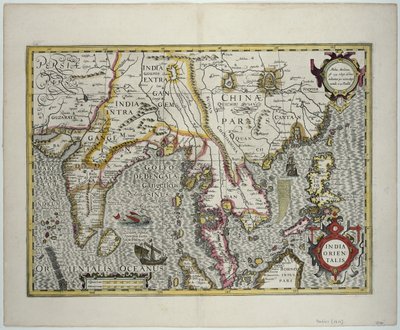 Det indiske subkontinentet til Filippinene ved hjelp av de nordlige delene av den indonesiske skjærgården og den malaysiske halvøya, tidlig på 1600-tallet (fargegravering) av Jodocus Hondius