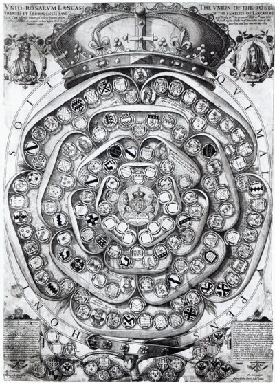The Union of the Roses of the Families of Lancaster and York, 1589 (plategravering) av Jodocus Hondius