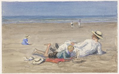 Hvilende barnepike med to barn på stranden av Johan Antonie de Jonge