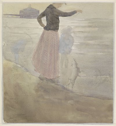 Kvinne med to barn og en hund på stranden av Johan Antonie de Jonge