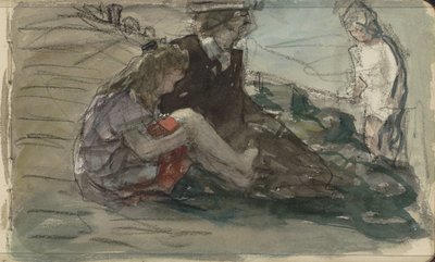 Kvinne med to barn langs vannkanten av Johan Antonie de Jonge