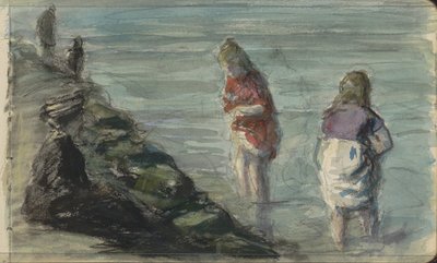 Kvinne med to barn langs vannkanten av Johan Antonie de Jonge