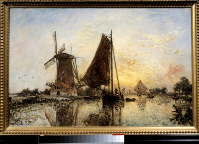 Nederlandsk landskap, båter nær møllen Maleri av Jean Barthold Jongkind (1819-1891) 1868 Søn. 0,52x0,81 m Paris, Musee d