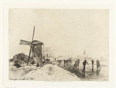 Utsikt over Maassluis Vue de la ville de Maaslins (Hollande) (serietittel) av Johan Barthold Jongkind