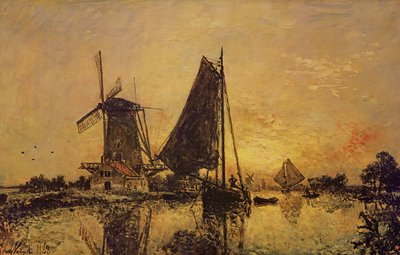 I Holland, båter nær en vindmølle, 1868 av Johan Barthold Jongkind