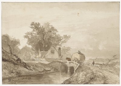 Landskap med en bro med en høstmann på av Johan Barthold Jongkind