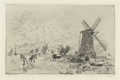 Landskap med vindmøller og skatere Batavia av Johan Barthold Jongkind