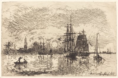 Solnedgang, Antwerpen havn av Johan Barthold Jongkind