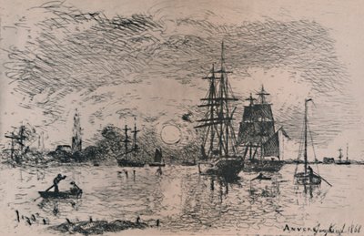 Solnedgang i havnen i Antwerpen, 1868, 1946 av Johan Barthold Jongkind