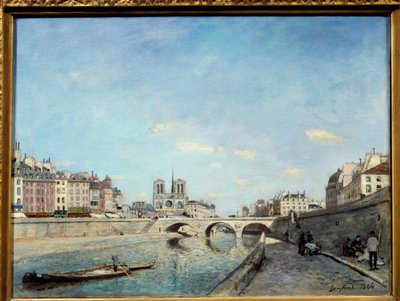 Utsikt over bredden av Seinen og katedralen Notre Dame de Paris En peniche ved elven. Maleri av Johan Barthold Jongkind (1819-1891) 1864 søn. 0,42x0,56 m Paris, musee d
