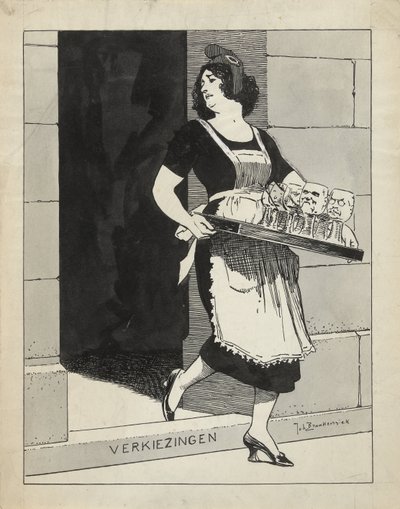 Design for illustrasjon i De Amsterdammer: Den nederlandske jomfru som en hushjelp med et glassbrett snubler over valgtrinnet (17. mai 1924) av Johan Braakensiek