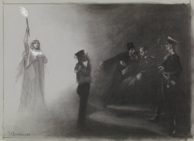 Design for illustrasjon i De Amsterdammer: Russlands nederlag til sjøs, 4. juni 1905 av Johan Braakensiek