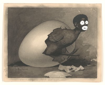 Design for illustrasjon i De Amsterdammer: en svart mann klekkes fra et egg (19. april 1930) av Johan Braakensiek