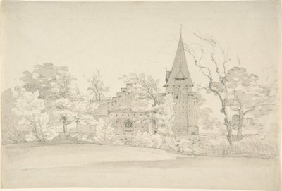 Aller kirke i Sønderjyllands Amt (Danmark), sett fra nord av Johan Christian Dahl