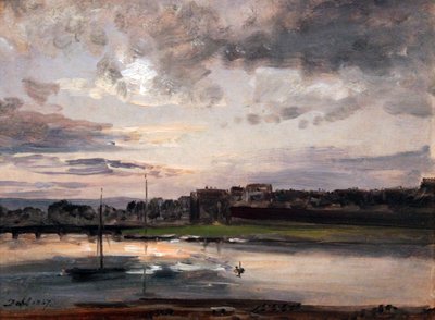Elben og Dresden Neustadt i kveldslyset / Elbe og Neustadtbanken i Dresden i kveldslyset av Johan Christian Dahl