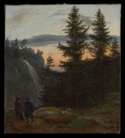 To menn foran en foss ved solnedgang av Johan Christian Dahl