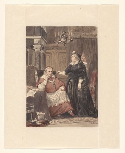 To personer i et interiør, muligens Maria de Medici og kardinal de Richelieu av Johan Coenraad Leich (signed by artist)