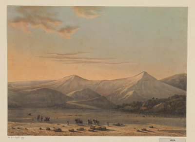 Utsikt over Bromo-vulkanen Det ildpustende fjellet Bromo i 1856 (Probolingo-residensen) (tittel på objektet) av Johan Conrad Greive