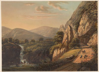 Utsikt over en foss og landevei i Preanger på Java i Sumandansche. (Prianger-regenter.) (tittel på objekt) av Johan Conrad Greive
