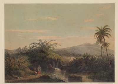 To figurer ved et vannhull på Java Utsikt over landet Tjiliboet (assistentbolig Buitenzorg) (tittel på objekt) av Johan Conrad Greive