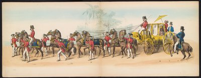 Masquerade of the Delft Students, 1857 (plate 3) Utkledd prosesjon holdt av medlemmene av Delft studentkorps den 5. mai 1857, som viser Garebeg-prosesjonen til sultanen av Djokjokarta og de mest karakteristiske typene fra Nederland. av Johan Hendrik Hoffmeister