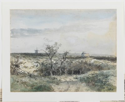 Utsikt over Dekkersduin, med en gammel gassfabrikk og mølle i vente av Johan Hendrik Weissenbruch