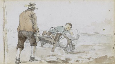 Landskap med en mann som dytter en gutt på en vogn av Johan Hendrik Weissenbruch