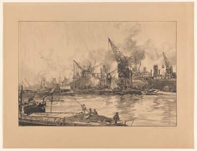 Utsikt over havnen i Rotterdam, med forskjellige kraner av Johan Hendrik van Mastenbroek (signed by artist)
