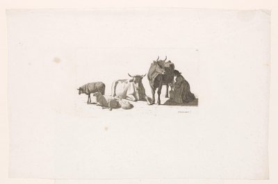 Kvinne som melker en ku, med storfe og sauer. av Johan Jakob Biedermann